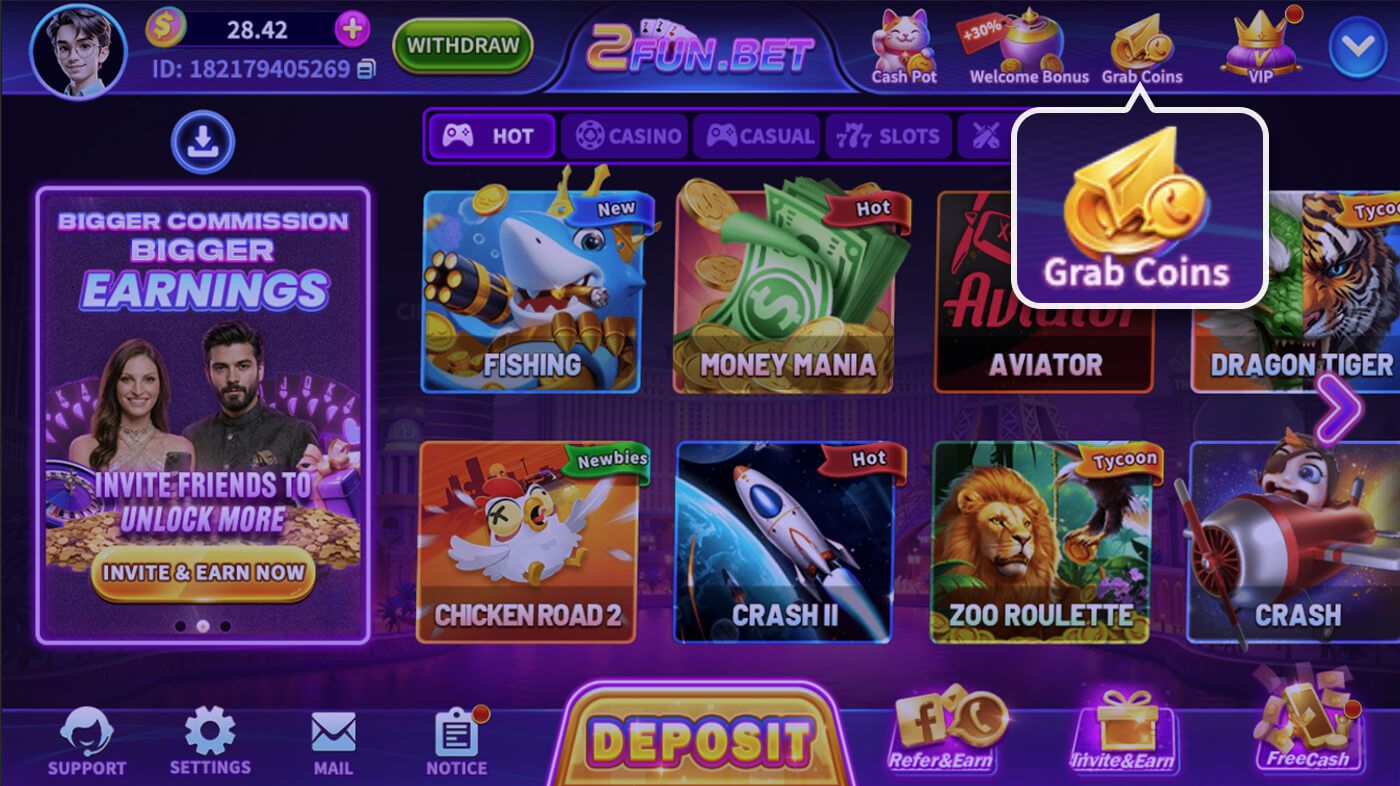 Click grab coins button in lobby